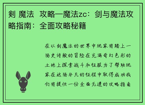 剣 魔法 攻略—魔法zc:剑与魔法攻略指南:全面攻略秘籍